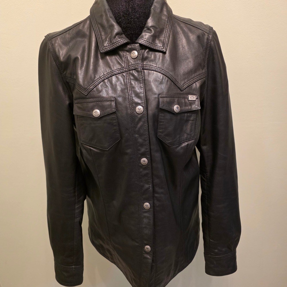 Harley-Davidson Womens Black Goatskin Leather Western Snap Front Shirt Jacket L